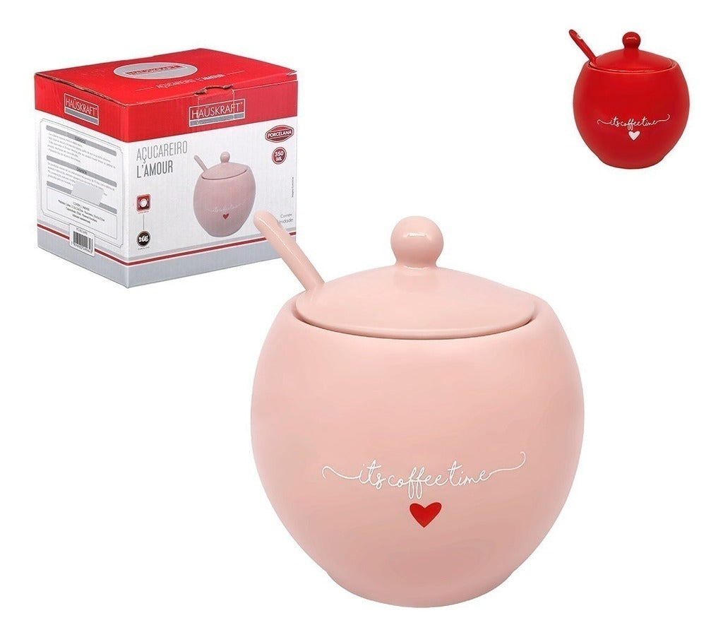 Açucareiro L'amour Em Porcelana Com Colher E Tampa 350ml