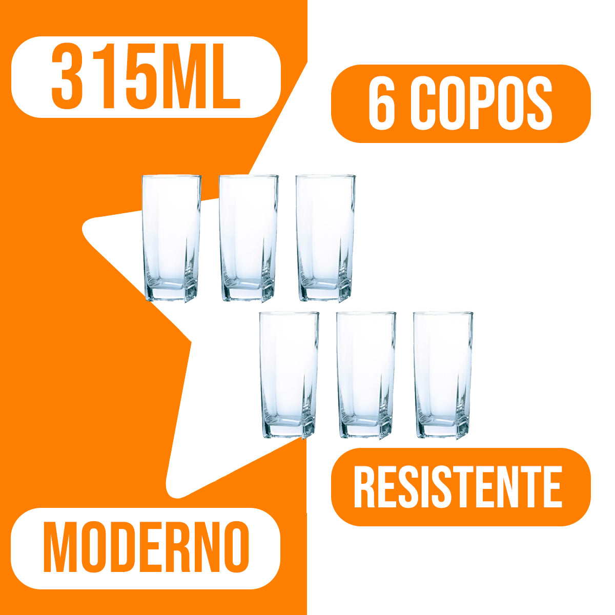 Jogo de copos Bali 6 peças quadrado 315ml Belovidro