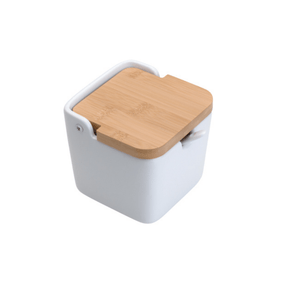 Saleiro de Mesa Ceramica com Tampa e Colher Branca 400ml